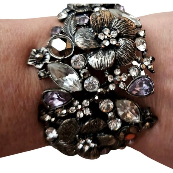 Vintage Floral Crystal Cuff Bracelet With Rhinestones & Gemstones - Picture 1 of 4